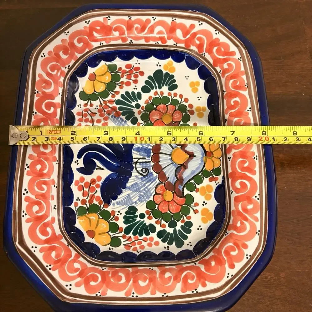 Talavera Mexican Pottery Serving Hanging Dish Blue Coral Yellow Green 10”